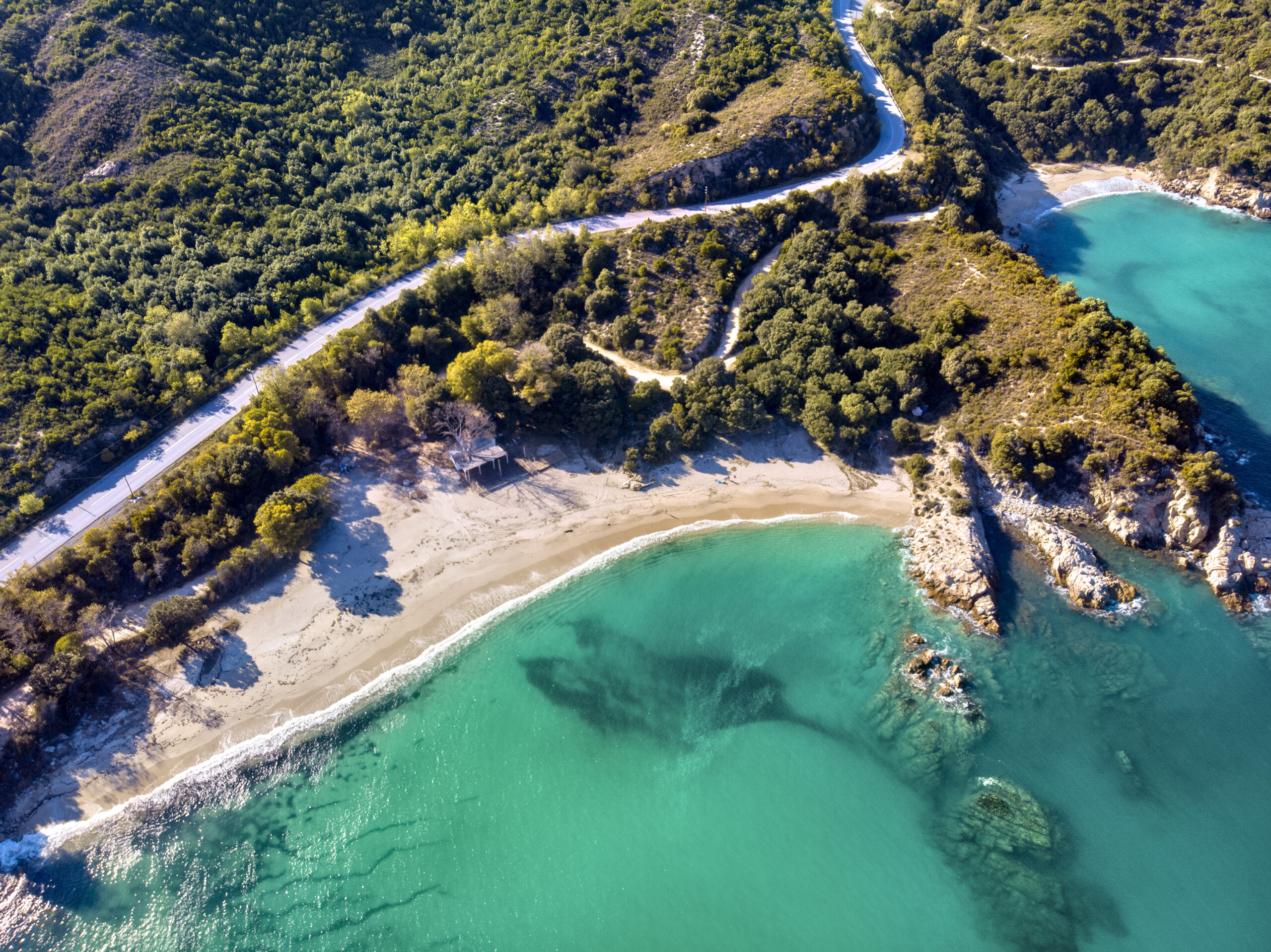 Drone aerial view of Ancient Stageira, city in Halkidiki, Greece Drone aerial view of Ancient Stageira, city in Halkidiki, Greece